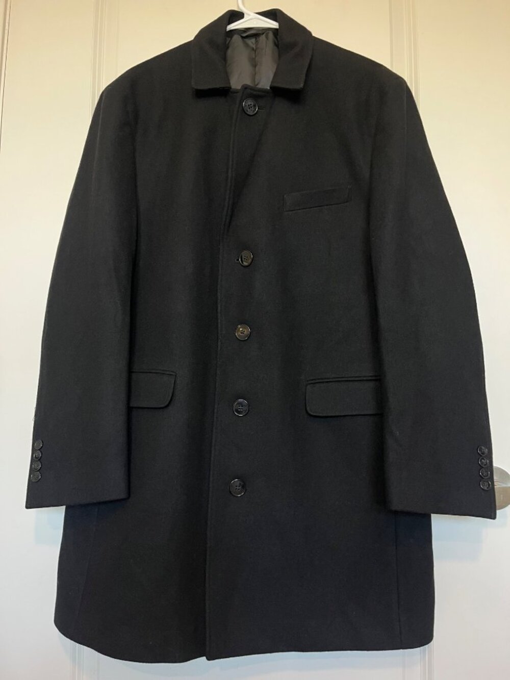 Calvin Klein Mens Wool Blend Tailored Black Overcoat Size 44R Lined Pockets